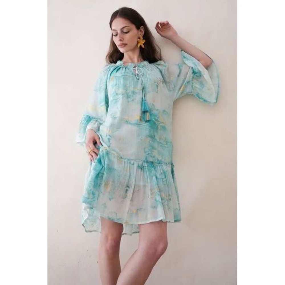 DEBBIE KATZ‎ Beautiful Blue Tie Dye Mini Dress Ruffle Tiered Boho Beach Vacation